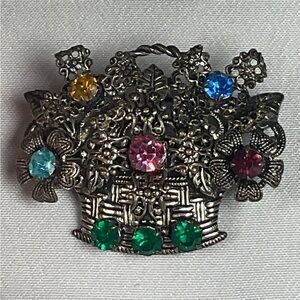 Elegant‎ 70s 80s Floral Basket Brooch with Multicolor Gems